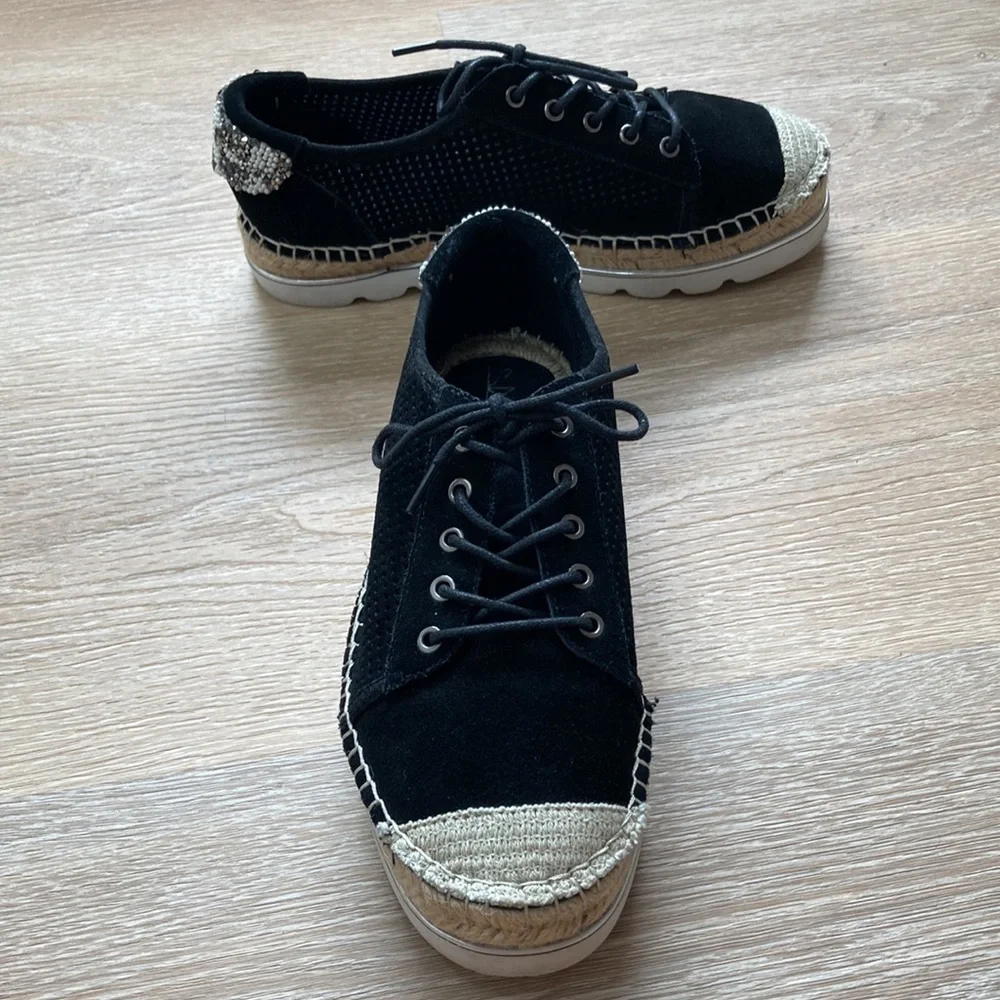 Black laser cut suede espadrille sneakers with embellishment